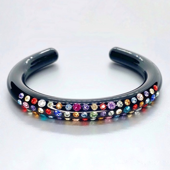 Black Acrylic Cuff Bracelet For Women With Mixed Swarovski Crystals by Lara Glam - Picture 13 of 13